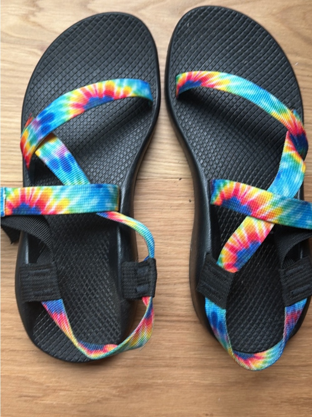 Chaco Women's Black Sandals with Rainbow Tie-Dye Straps